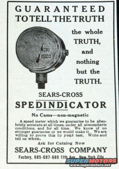 Advertisement for Sears-Cross Speed Indicator, showing a gauge and text