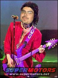 Guy with Prince-like wig and outfit holding a purple electric guitar. Text 'SUPER MOTORS' visible