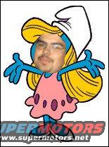 Smurfette character with a man's face, pink dress, blue hands, text 'SUPERMOTORS www.supermotors.net'