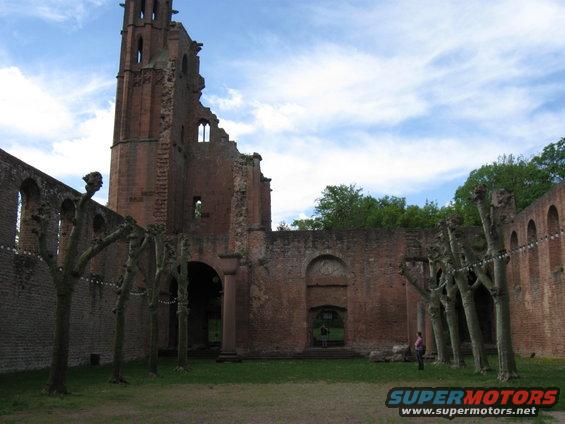 Ruined stone building with a tower, arched windows, and bare trees in front