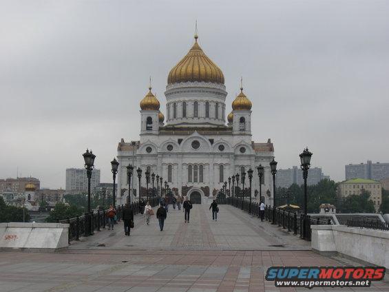 Cathedral of Christ the Saviour, Moscow, with golden domes and a bridge leading to it