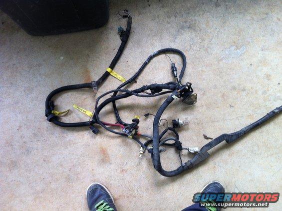 Wiring harness with yellow tags and a light bulb on a concrete floor