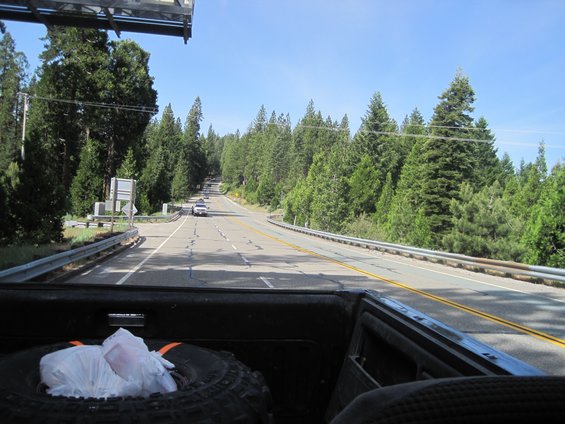 Spare tire in a dark truck bed, looking out at a two-lane road with trees and other vehicles