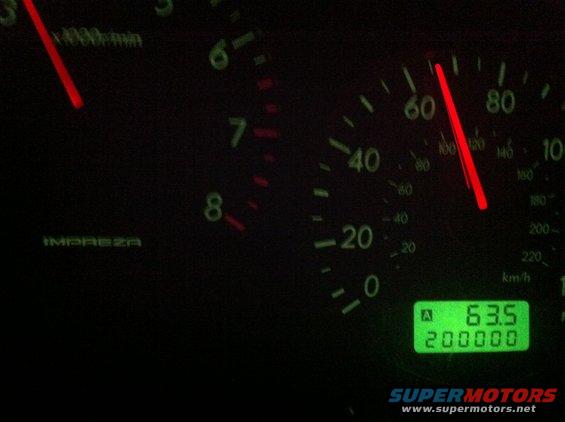 Dashboard gauges with tachometer and speedometer, showing 63.5 km/h and 200,000 miles