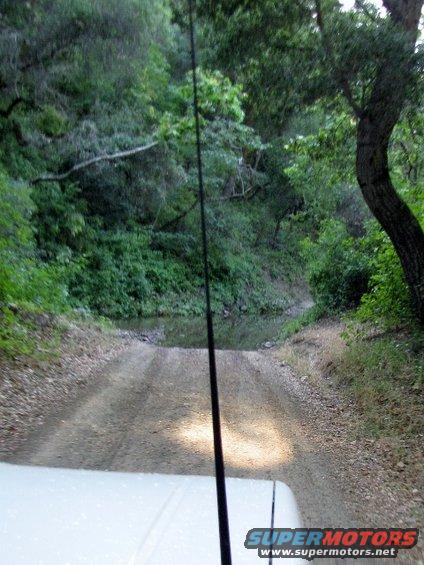 White vehicle hood and windshield wipers on a dirt road approaching a puddle in a wooded area