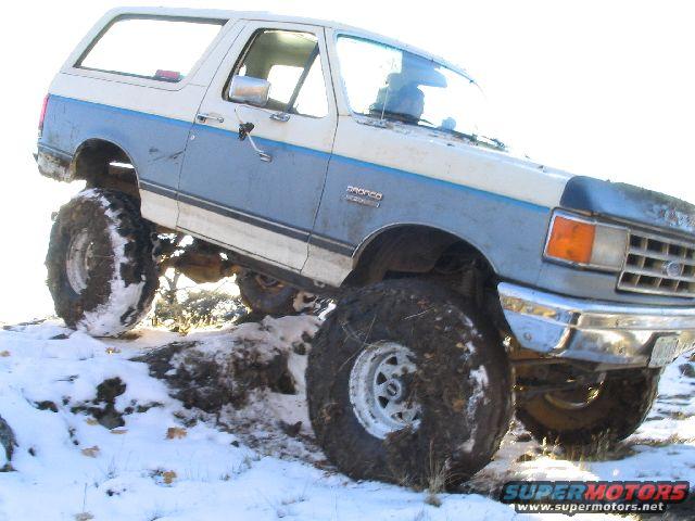 1988 Ford Bronco, 3q-front view, blue and white, on snowy terrain with large tires