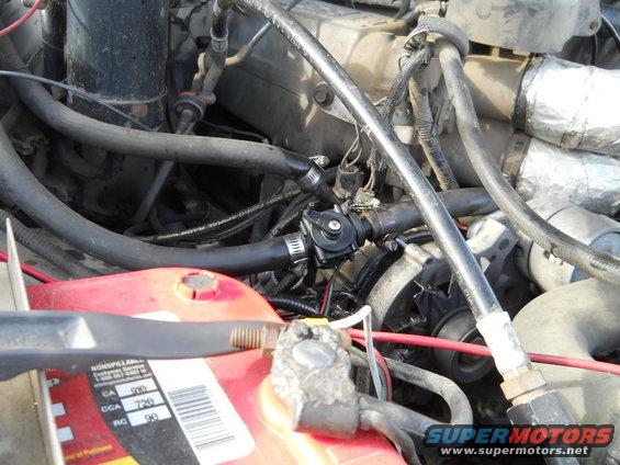 Engine bay with red battery, hoses, and black valve