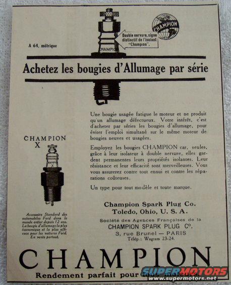 Advertisement for Champion spark plugs, a diagram of a spark plug and text in French and English