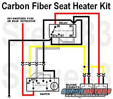 heatseaters.jpg Wiring diagram for Chinese carbon fiber seat heater kit
IF THE IMAGE IS TOO SMALL, click it.

[url=https://www.supermotors.net/registry/media/985491][img]https://www.supermotors.net/getfile/985491/thumbnail/heatseaters.jpg[/img][/url] . [url=https://www.supermotors.net/registry/media/985560][img]https://www.supermotors.net/getfile/985560/thumbnail/heatseaterx.jpg[/img][/url]

LOW (series) draws about 1A per chair (2 pads)
HIGH (parallel) draws just under 5A per chair (~60W)

The relay contacts, the switch contacts, its R wire, its Y wire (at least up to the splice), & the Bk ground wire must be rated for more than the SUM of the elements' current draws.  The switch's Bk wire must be rated for the bulb's draw, but it's more convenient to use the same size as the other Bks.  The other wires must be rated for more than ONE element's current draw.

The illumination side of the switch (to the Right of the dashed link) is optional - it's not necessary for the rest of the circuit to work.

The fuse mentioned at the top Left must be sized for SUM of all the heating elements in the circuit PLUS the relay's coil & the switch's lamp; in this case, 4.2A plus ~300mA per chair at the absolute minimum (so a 5A fuse for 1 chair, or a 10A for 2).

This diagram was created from this set of symbols using MSPaint:

[url=https://www.supermotors.net/registry/media/858661][img]https://www.supermotors.net/getfile/858661/thumbnail/wiringsymbols.gif[/img][/url]