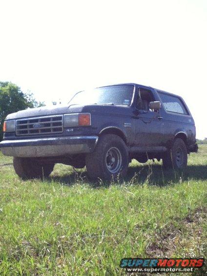 Dark blue Ford Bronco parked in a grassy field, front 3/4 view