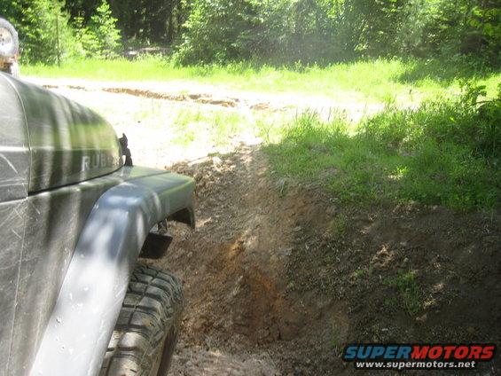 Dark gray Jeep Wrangler driving on a dirt path with trees in the background