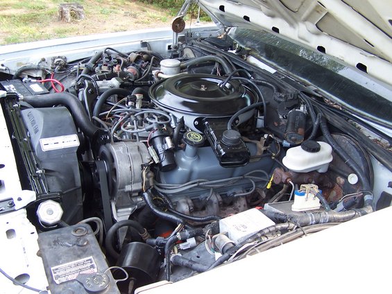 Engine bay with V8 engine, alternator, and radiator fan visible