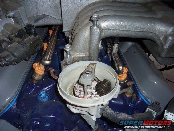 Close-up of a Ford 351W engine's distributor cap removed, showing the rotor, and fuel injectors