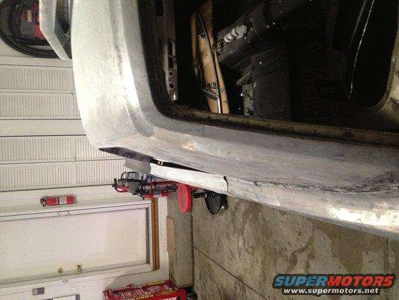 1965 Mustang drivers side drip rail shaved off, view from back