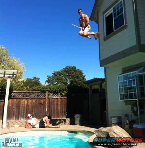 guy on broomstick flying off house, another guy chilling by pool