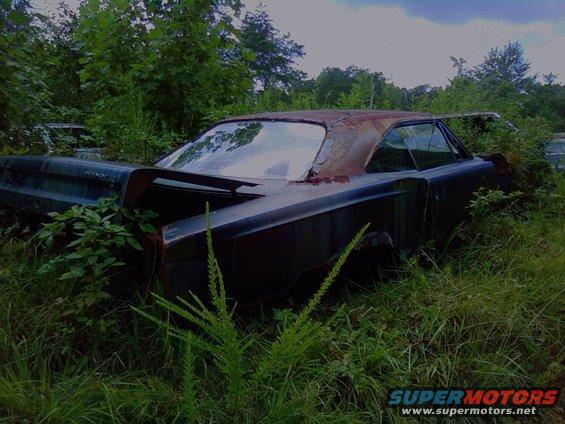 Rusted coupe with spoiler overgrown with weeds. Another car visible in background