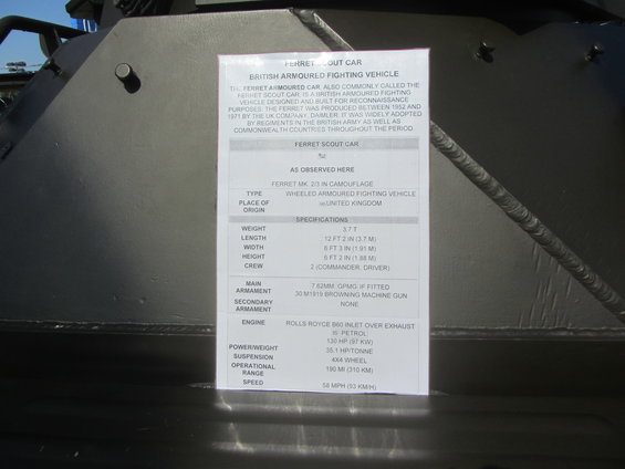 Document describing a Ferret armored scout car, with specifications and details