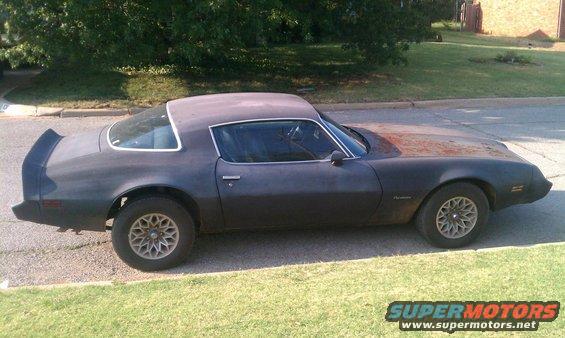 1979 Pontiac Firebird parked on grass, side view. Dark body with rust on hood
