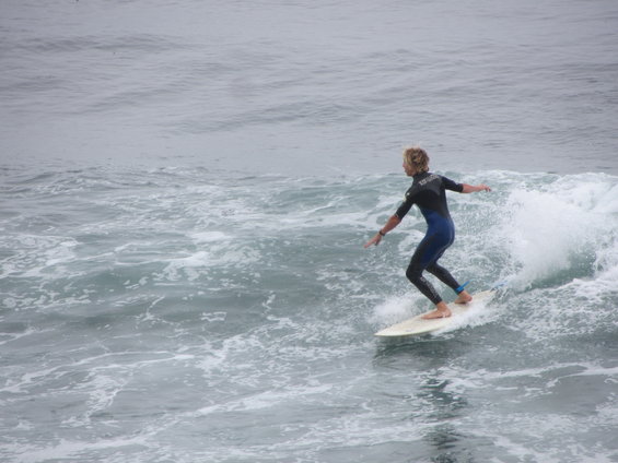 Surfer in a blue and black wetsuit rides a wave on a surfboard