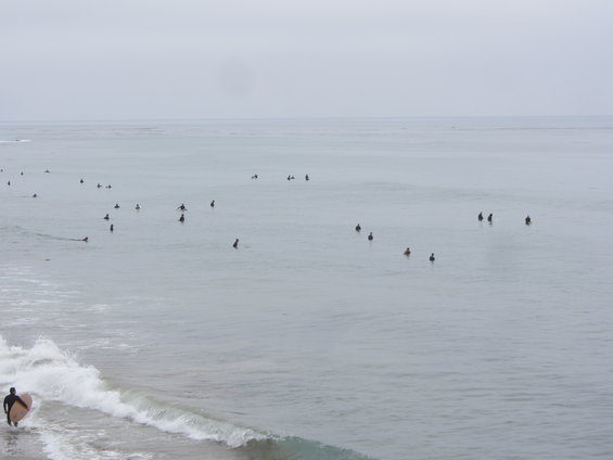 Surfers waiting for waves in the ocean under a cloudy sky