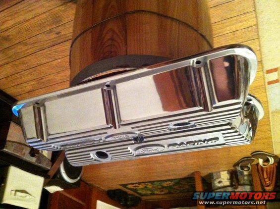 Chrome Ford Racing valve cover with ribbed detail and embossed Ford logo