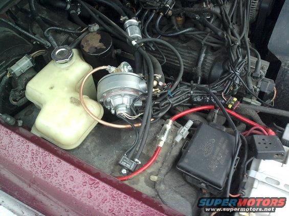 Engine bay with fuel pump and wiring, maroon fender visible