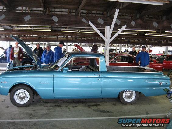 Blue 1963 Ford Ranchero side view with hood open