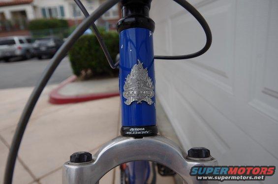 Blue bicycle frame with Intense Racing flame logo and Tioga Alchemy headset