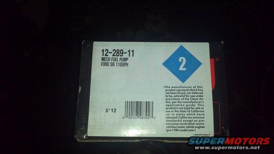 Cardboard box for a mechanical fuel pump labeled "FORD SB 110GPH" with a blue diamond containing the number 2