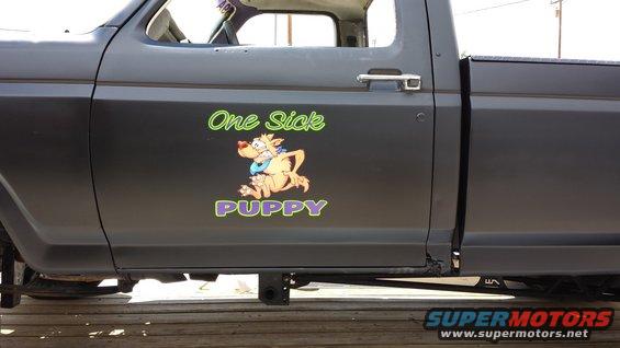 Dark pickup truck door with 'One Sick PUPPY' sticker and cartoon dog graphic