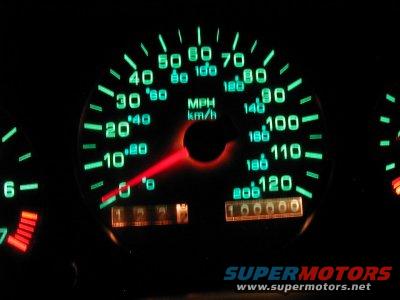 Dashboard gauges with green illumination, showing speedometer up to 120 MPH and odometer reading 100000
