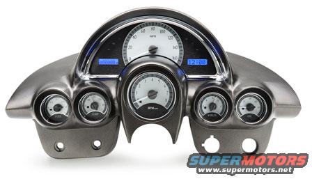 Aftermarket dashboard instrument cluster with speedometer, tachometer, fuel, oil, temp, and voltage gauges
