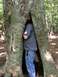1995 Ford Bronco - A person is partially hidden within the hollow of a large tree in a wooded area.