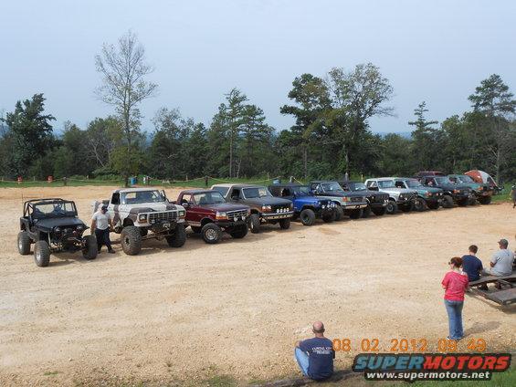 Line of lifted off-road trucks and SUVs, mostly Ford Broncos and F-Series trucks from the 1980s, parked on a dirt lot