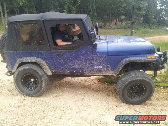 Blue Jeep Wrangler with soft top, side view