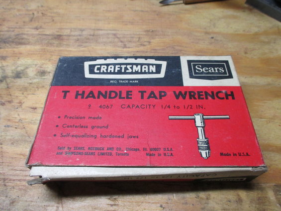 Box for a Craftsman T Handle Tap Wrench, shows tool illustration and text about precision made, centerless ground, and self-equalizing hardened jaws