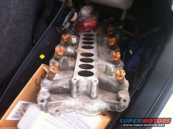 Intake manifold with eight orange-top fuel injectors
