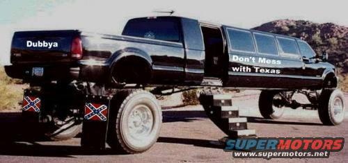 Black custom truck limousine with "Dubbya" and "Don't Mess with Texas" text, and Confederate flags on mudflaps
