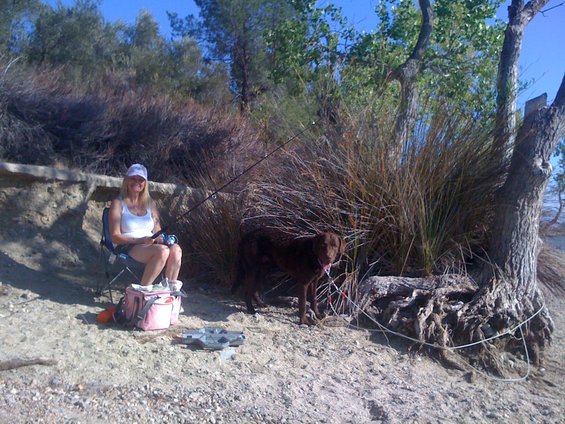 Woman sitting in a chair with a fishing pole, a dog stands nearby on a sandy shore with trees and brush in the background