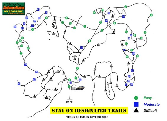 Map of Adventure Off Road Park & Nature Center trails with difficulty ratings and a small illustration of a vehicle