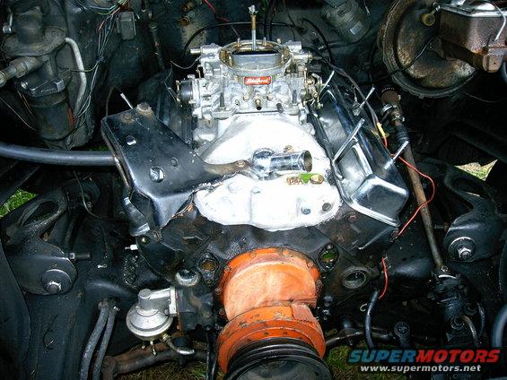 V8 engine with Edelbrock carburetor and chrome valve covers. Fuel pump visible