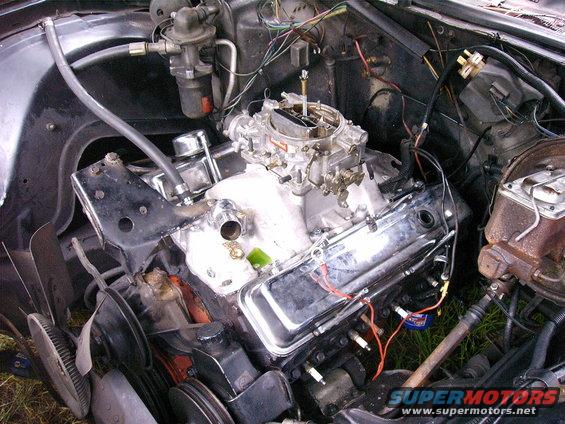 engine bay showing carburetor, distributor, and spark plugs