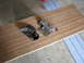 2005 Ford Excursion - Two metal brackets, possibly from a vehicle, are laid out on a wooden surface.
