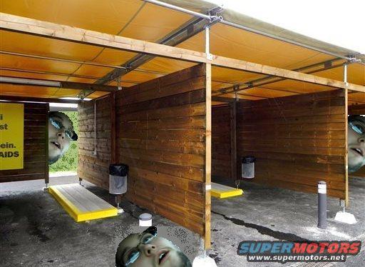 Car wash stalls with wooden walls and yellow platforms, faces superimposed on the scene