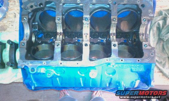 Engine block with connecting rods visible inside cylinders. Blue fluid is present