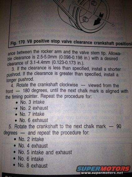 Diagram showing V8 positive stop valve clearance crankshaft positioning with instructions