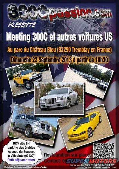 Flyer for a 300C and other US cars meeting in France, showing a yellow Hummer, silver Chrysler 300, silver SUV, and yellow Dodge Charger