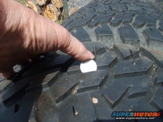 Close-up of a tire tread with a finger and coin for scale