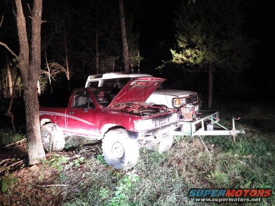 toy.jpg The Toy belonged to a friend of a friend, and Greg got it for a song after the block cracked.  We took it back on the trails for about an hour until the smoke coming from the hood got too thick to see through.  He's gonna try some pour-in sealer and then just flog it until he can find a 22R to drop in.  Then he'll flog it even harder.

The 36s hit the body & everything else, but not too badly since the suspension doesn't move.  The clutch almost works, and the driver's door stays closed until the bungee cord lets go.