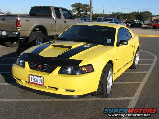 Yellow 2003 Ford Mustang GT, 3q-front view, with black racing stripes and a GT badge